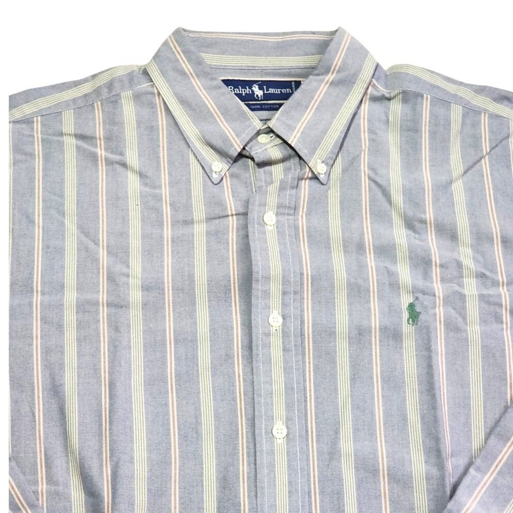 Vintage 90s Polo Ralph Lauren‎ Oxford Shirt Blue Green Stripe Men's XL